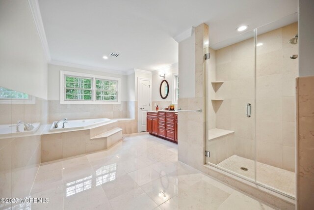 full bath featuring crown molding, a bath, a stall shower, vanity, and recessed lighting