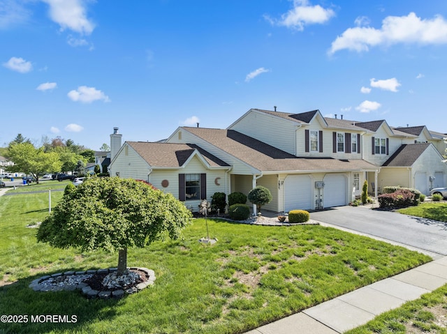 view of front of home featuring an attached garage, a front yard, and aphalt driveway