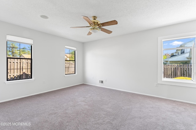 carpeted spare room featuring a textured ceiling, visible vents, and plenty of natural light