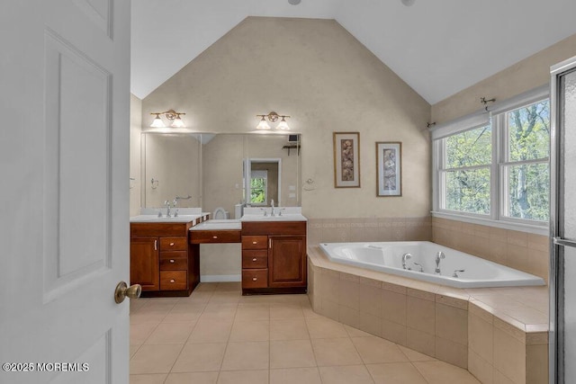 65 Pineoaka Rd, Jackson, NJ 08527 - bathroom featuring a sink, tile patterned flooring, high vaulted ceiling, two vanities, and a tub with jets