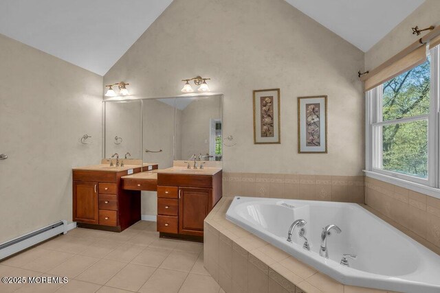 65 Pineoaka Rd, Jackson, NJ 08527 - full bath featuring high vaulted ceiling, a baseboard heating unit, two vanities, and a sink