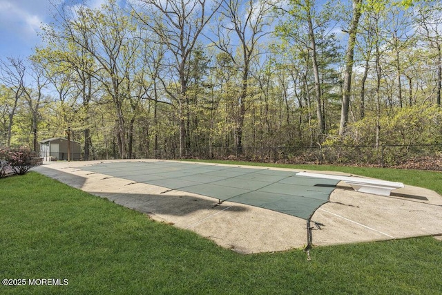 65 Pineoaka Rd, Jackson, NJ 08527 - view of pool featuring a forest view, fence, a fenced in pool, a yard, and a patio