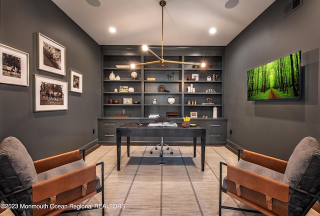 office featuring built in features, baseboards, recessed lighting, and visible vents
