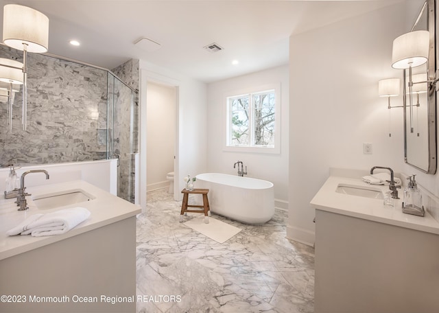 bathroom with visible vents, a sink, a stall shower, and double vanity