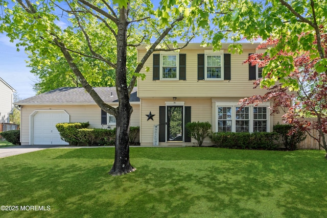 colonial house featuring a garage, concrete driveway, and a front lawn