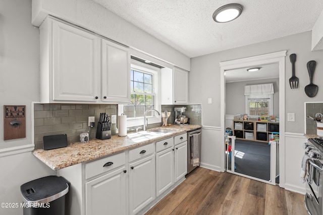 kitchen with white cabinets, appliances with stainless steel finishes, a sink, a textured ceiling, and dark wood finished floors