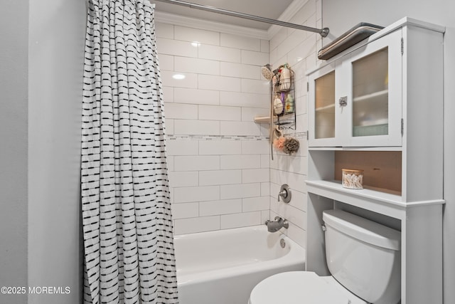 bathroom with ornamental molding, toilet, and shower / bathtub combination with curtain