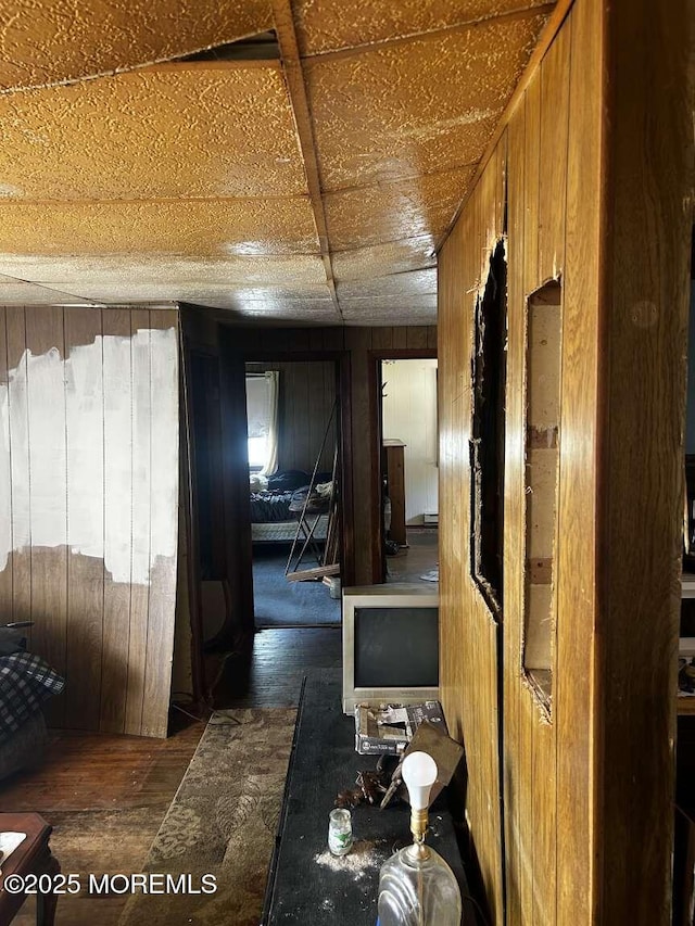 hall with wood walls and wood finished floors