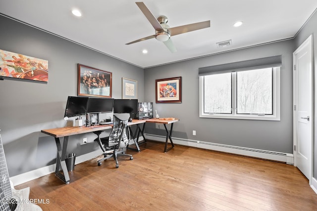 office area with a ceiling fan, visible vents, baseboard heating, wood finished floors, and recessed lighting