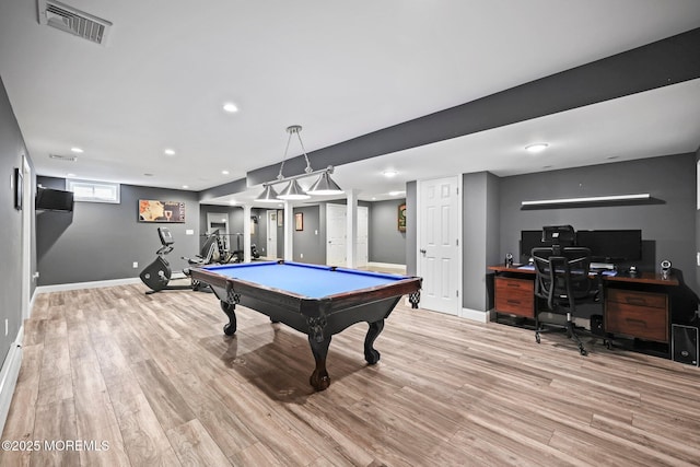 recreation room with pool table, visible vents, baseboards, and light wood-type flooring