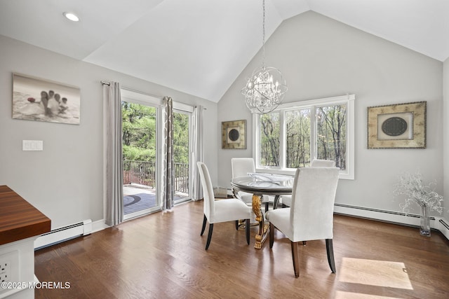 dining room featuring an inviting chandelier, baseboard heating, high vaulted ceiling, recessed lighting, and wood finished floors