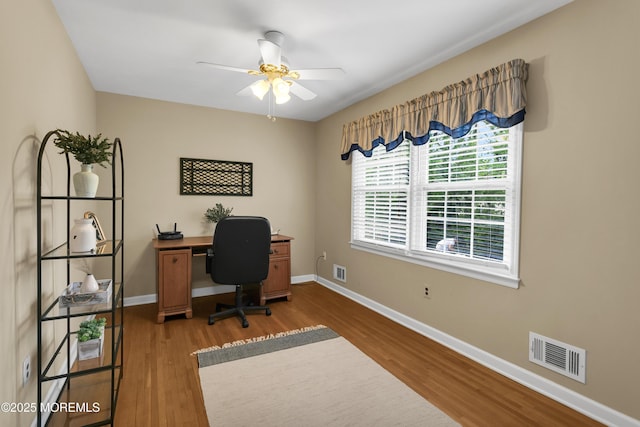 office space with visible vents, a ceiling fan, light wood finished floors, and baseboards