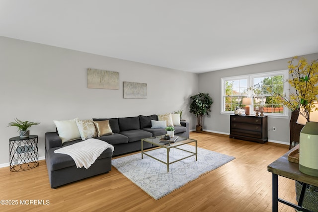 living area with baseboards and wood finished floors