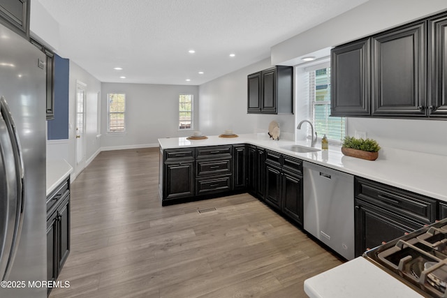 kitchen with light wood-type flooring, light countertops, recessed lighting, a sink, and stainless steel appliances