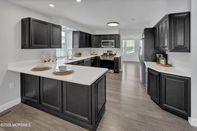 kitchen featuring a peninsula, light countertops, dark cabinets, a sink, and stainless steel appliances