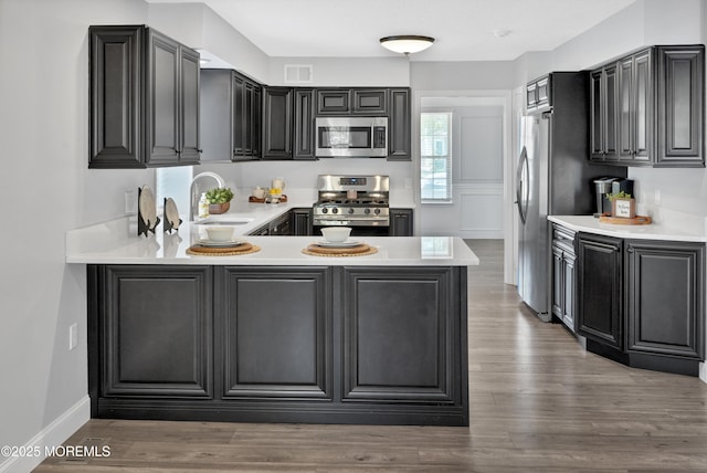 kitchen featuring light countertops, a sink, appliances with stainless steel finishes, and a peninsula