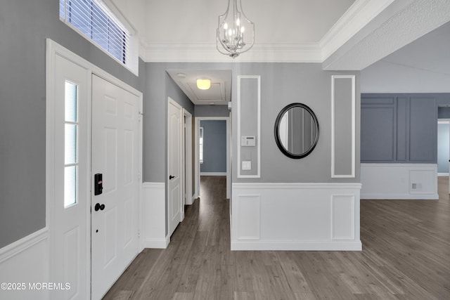 foyer entrance with plenty of natural light, wainscoting, a decorative wall, and wood finished floors