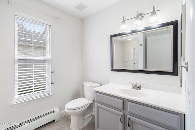 full bath with visible vents, vanity, baseboards, a baseboard heating unit, and toilet