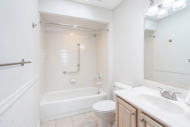 bathroom with shower / bathtub combination, toilet, tile patterned floors, and vanity