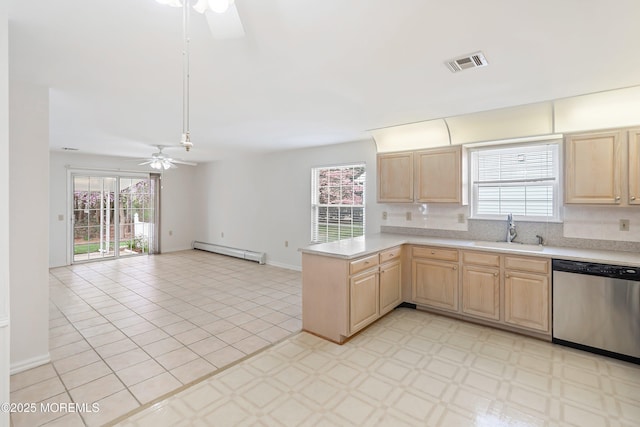 kitchen with ceiling fan, a sink, light brown cabinets, stainless steel dishwasher, and visible vents