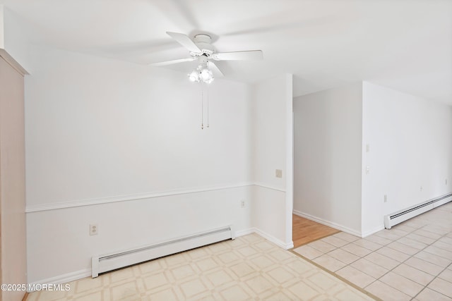 empty room featuring light floors, a baseboard radiator, baseboards, and a ceiling fan