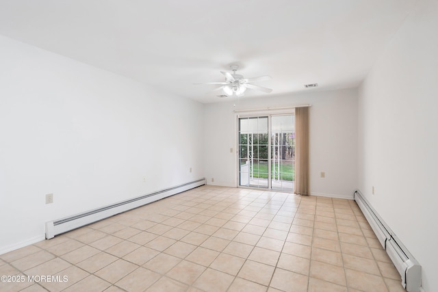 unfurnished room featuring ceiling fan, light tile patterned floors, and a baseboard radiator