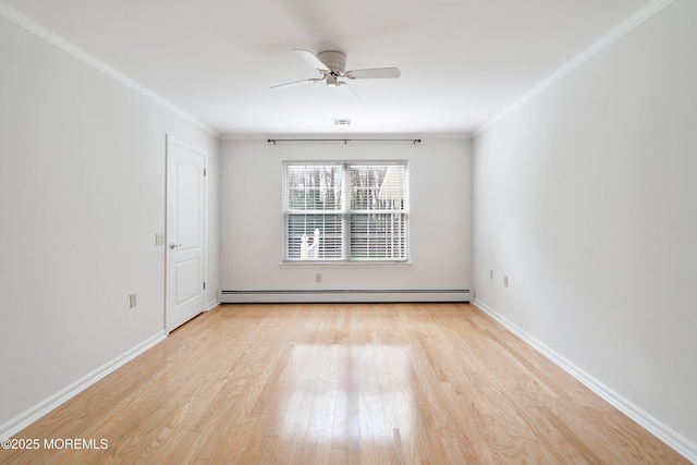 unfurnished room with ceiling fan, wood finished floors, baseboards, a baseboard radiator, and ornamental molding