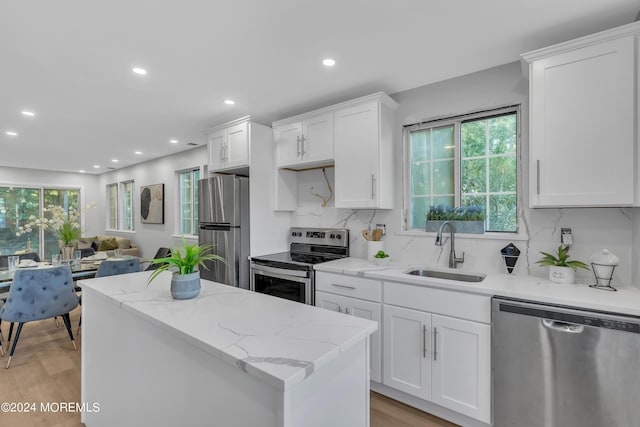 kitchen featuring appliances with stainless steel finishes, a kitchen island, white cabinets, backsplash, and a sink