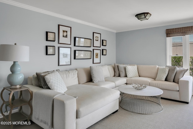 living room featuring crown molding and light colored carpet