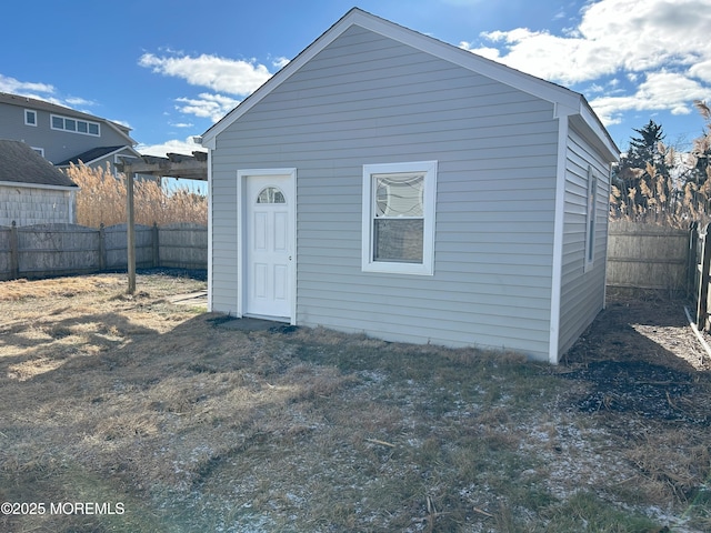 view of outbuilding with an outdoor structure and a fenced backyard