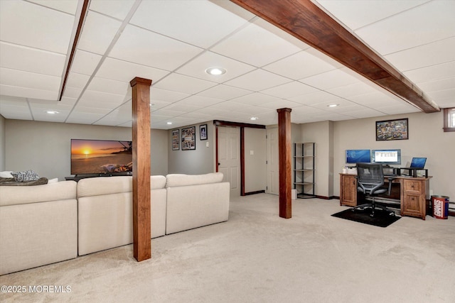 living room featuring recessed lighting and carpet