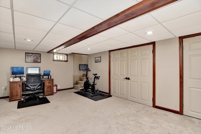workout area featuring baseboards, recessed lighting, and carpet floors