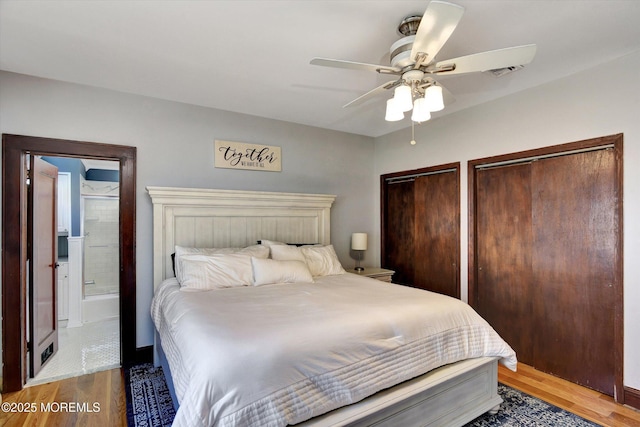 bedroom with wood finished floors, two closets, ceiling fan, ensuite bathroom, and baseboards