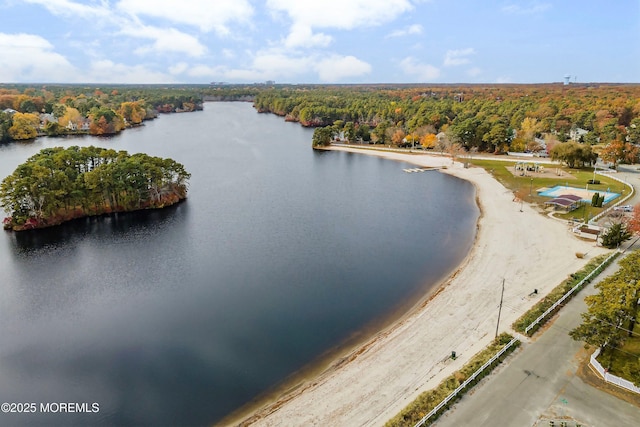 aerial view with a water view and a view of trees