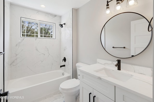bathroom featuring shower / washtub combination, vanity, toilet, and marble finish floor