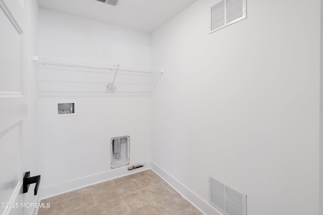 clothes washing area featuring visible vents, laundry area, washer hookup, and baseboards