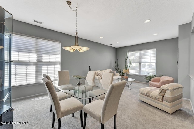 dining room with visible vents, carpet flooring, baseboards, and recessed lighting