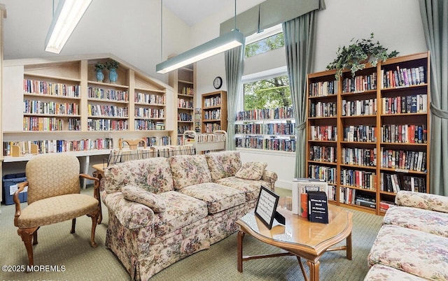 living area featuring built in features, carpet, wall of books, and high vaulted ceiling