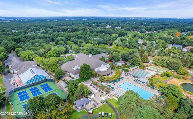 aerial view featuring a forest view
