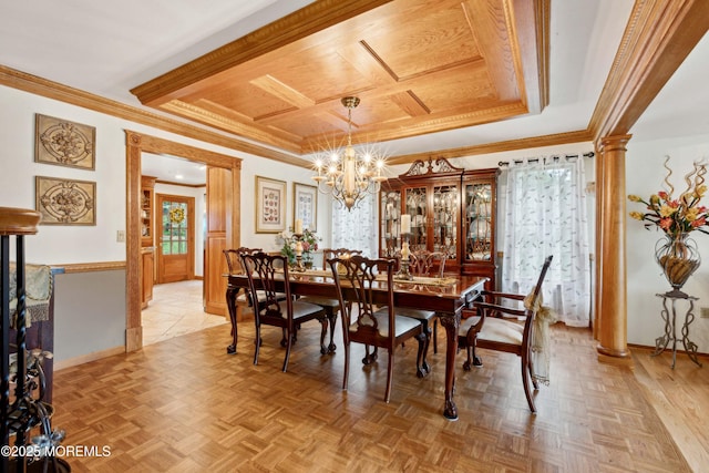 dining room featuring crown molding, baseboards, ornate columns, coffered ceiling, and a notable chandelier