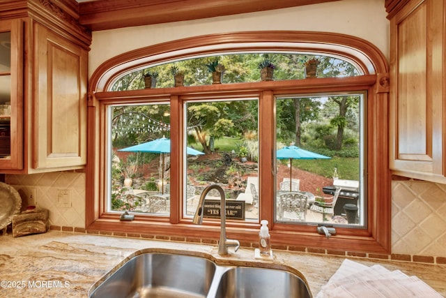 kitchen featuring backsplash, light stone counters, plenty of natural light, and a sink
