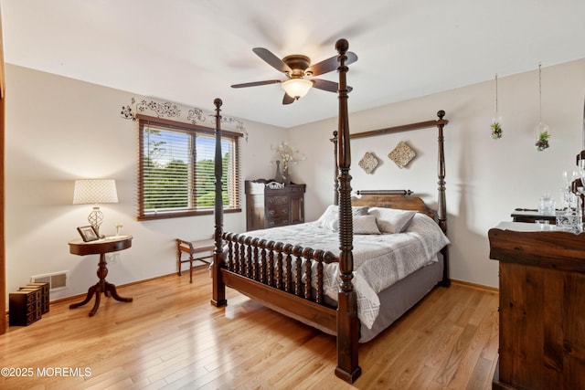 bedroom with baseboards, light wood-style flooring, and visible vents