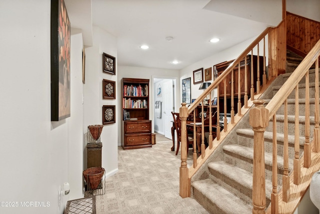stairway with carpet floors, recessed lighting, and baseboards