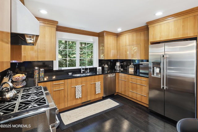 kitchen with a sink, appliances with stainless steel finishes, custom exhaust hood, and dark countertops