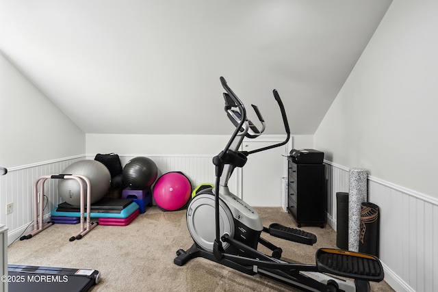 workout room with carpet and wainscoting