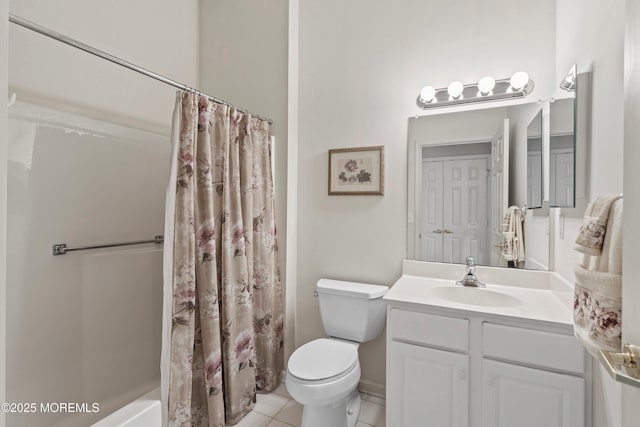 full bathroom featuring toilet, tile patterned floors, shower / tub combo, and vanity