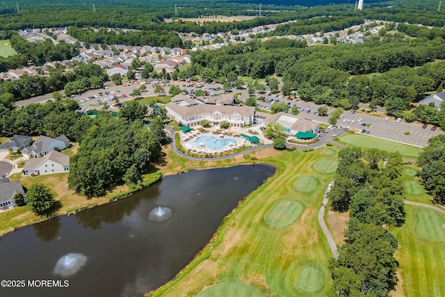 bird's eye view featuring a residential view, a water view, and golf course view