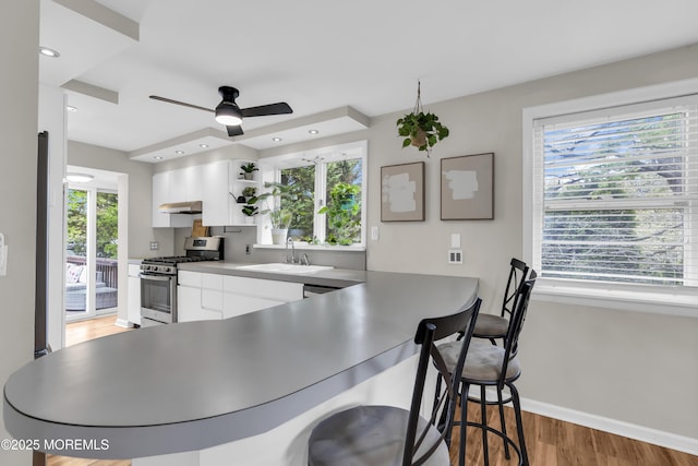 kitchen featuring open shelves, white cabinets, a sink, light wood-type flooring, and stainless steel range with gas stovetop