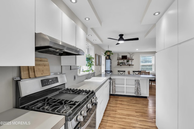 kitchen featuring a sink, stainless steel appliances, under cabinet range hood, a peninsula, and white cabinets