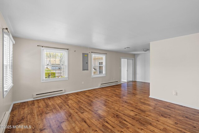 unfurnished living room with electric panel, wood finished floors, and baseboard heating